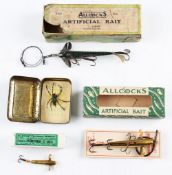 4x various boxed Allcock's Lures incl an Aquatic Spider on the original card and in the original