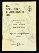 Extremely rare 1951 Official Open Golf Championship signed programme, draw sheets et al - for the
