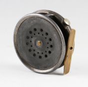 Hardy Perfect Dup Mk.II alloy trout fly reel: 3 3/8" dia - black handle and brass foot, smooth