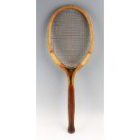 The Duchess wooden tennis racket with Bulbous tail handle with concave throat with original