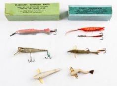 Collection of assorted Wadham baits (6) including celluloid Divine Plug in trout colours, Land'em