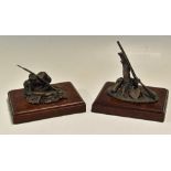 Country Pursuits - Shooting and Fishing - Pair of Brass Sculptures on wooden plaques, depicts a