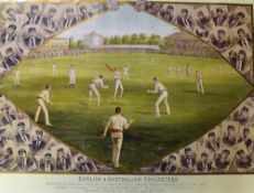 England v Australia Cricket Poster depicts the match played at Lord's in July 1886in colour,