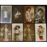 Tennis Postcard Selection depicting females with Tennis rackets and in Tennis attire, mostly real