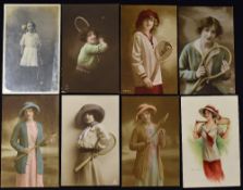 Tennis Postcard Selection depicting females with Tennis rackets and in Tennis attire, mostly real