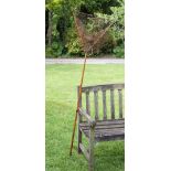 Early Collapsible Wooden and brass folding landing net - with decorative mottled whole cane long