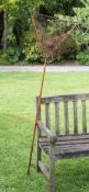 Early Collapsible Wooden and brass folding landing net - with decorative mottled whole cane long