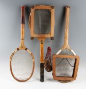 3x Tennis rackets, presses and balls - all concave rackets Slazenger Queen with press, Pinalist by