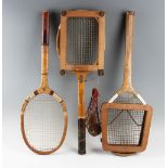 3x Tennis rackets, presses and balls - all concave rackets Slazenger Queen with press, Pinalist by