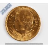 1955 Mexican 5 Pesos Gold coin: Weight (grams): 4.16 Pure gold Fineness: 900.0 Dimensions: 19mm