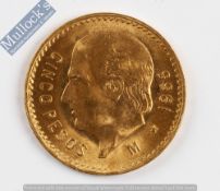 1955 Mexican 5 Pesos Gold coin: Weight (grams): 4.16 Pure gold Fineness: 900.0 Dimensions: 19mm