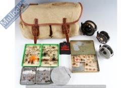 Fishing Tackle - Brady leather and canvas fishing tackle bag and contents plus Reels to include an