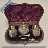 Silver C.1895 Hallmarked Cruet Set includes salt and pepper cellars and mustard pot hallmarked GMJ