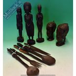 Collection of Wooden African Tourist Ware - To consist of 2 heads, 3 figures 35cm high together with