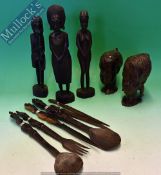 Collection of Wooden African Tourist Ware - To consist of 2 heads, 3 figures 35cm high together with
