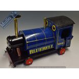 Children’s Sit on Bluebell Train in blue and black with metal and wood components, measures