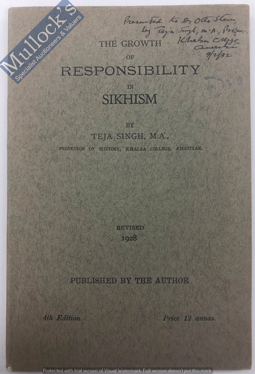India & Punjab – Responsibility of Sikhism by Teja Singh Publication - A rare pamphlet titled The
