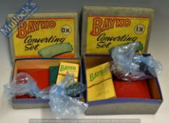Bayko 0X and 1X Building Sets both with red, white and green pieces, plus accessories and boxes,