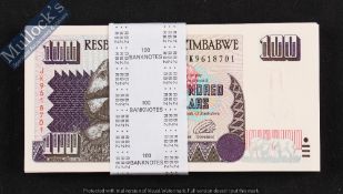 Zimbabwe One Hundred Dollar Notes: A unbroken run from JK9618701 to JK9618800 all in uncirculated