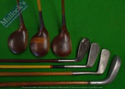 7x Various Interesting Hickory and Coated Steel Shafted Golf Clubs – notably Mills L Model putter,