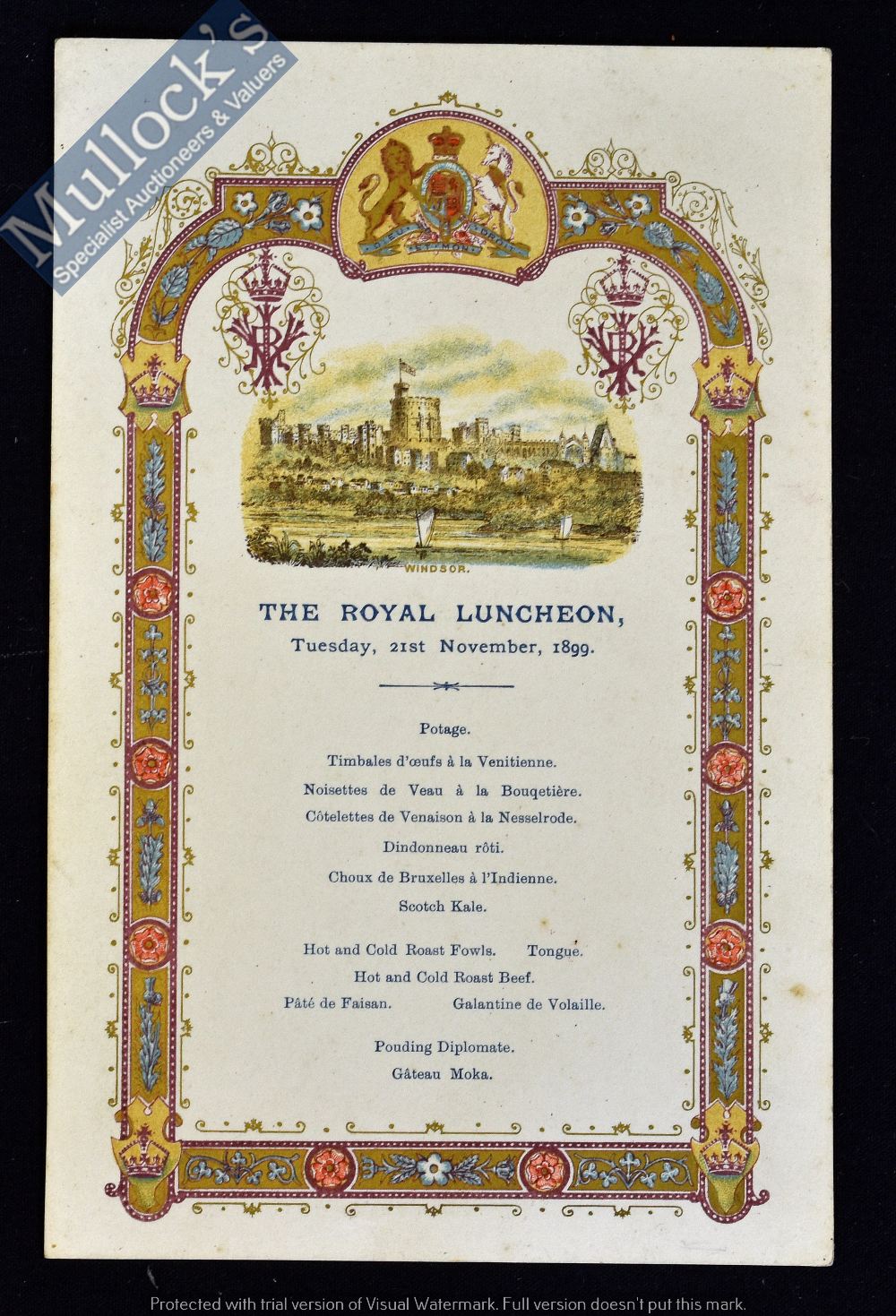 Royal Menu at Windsor Castle 10th November 1899 - Fine detailed illustration of Windsor Castle top