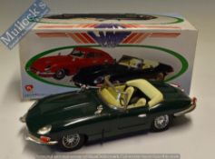 Tinplate Luxe Car Push and Go Jaguar E-Type convertible in green with cream interior, in good
