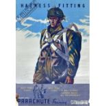 WWII Original Airborne Forces Training Poster: Harness Fitting Parachute Training featuring