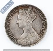 1847 Queen Victoria Gothic Crown Silver Coin the obverse Gothic type bust, the reverse with