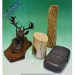 Selection of collectables - To include Brass stags head wall mounted hook, 2 bone abstract ornaments