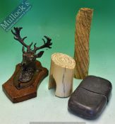 Selection of collectables - To include Brass stags head wall mounted hook, 2 bone abstract ornaments