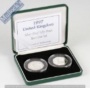 1997 Royal Mint silver proof 50p two coin set: .925 Silver 50p both sizes with leaflet in original