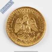 1945 Mexican 2 Pesos Gold coin: Weight (grams): 1.67 Pure gold Fineness: 900.0 Dimensions: 12.9mm