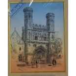 B Daynes Pen Drawing depicts Church frontage, two tone background, mounted measures 24x29cm