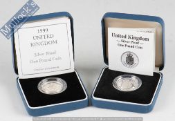 1988 & 1999 Royal Mint silver proof £1 coins: .925 Silver one pound coin both with leaflet in