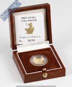 1991 Royal Mint Britannia 1/10th Proof coin: 22ct gold – 16.5mm diameter, face value £10, limited