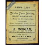 c.1890s H. Morgan Price List - Watch, Clock Maker, Jeweller &c. - Park House, Blaengarw (In