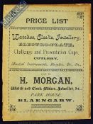 c.1890s H. Morgan Price List - Watch, Clock Maker, Jeweller &c. - Park House, Blaengarw (In