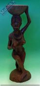 African Woman Wooden figure - Large African woman carrying a bowl on her head 54cm high