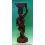 African Woman Wooden figure - Large African woman carrying a bowl on her head 54cm high