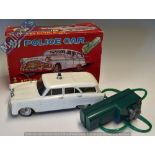 Marx Toys Battery Operated M1 Police Car – Remote Control, in white with green remote, in original