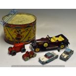 Tinplate Toys Selection to include Walt Disney Drum, Penny Toy Track Car, Touring Car, Minic