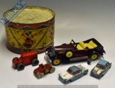 Tinplate Toys Selection to include Walt Disney Drum, Penny Toy Track Car, Touring Car, Minic