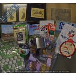 Mixed Selection of Golfing Memorabilia Consisting of framed postcards, placemats, spirit flasks,