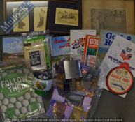 Mixed Selection of Golfing Memorabilia Consisting of framed postcards, placemats, spirit flasks,