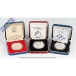 3 Royal Mint silver proof crowns: 1977 Silver Jubilee, 1990 90th Queen Mother Birthday, 1993