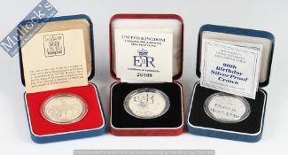 3 Royal Mint silver proof crowns: 1977 Silver Jubilee, 1990 90th Queen Mother Birthday, 1993