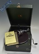 His Master’s Voice Portable Gramophone Model 97 finished in green Rexine leathercloth with