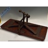 Vintage wooden and Iron Trouser Press measures 80x35cm approx. with central screw clamp Please note: