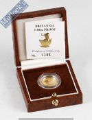 1990 Royal Mint Britannia 1/10th Proof coin: 22ct gold – 16.5mm diameter, face value £10, limited