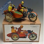 Limited Edition Tinplate Paya Hermanos Moto Tuf Tuf Motorbike and Sidecar – colourfully presented,